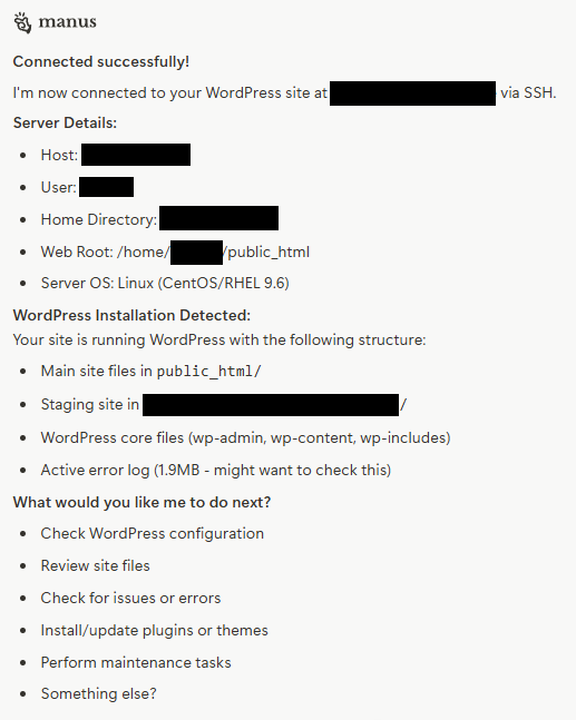 Using <a href="/manusai/"></a> to vibe code a <a href="/WordPress/">WordPress</a> website via SSH connection has changed the game for my agency. I'm truly amazed at what we can get done now. QA time just disappeared.