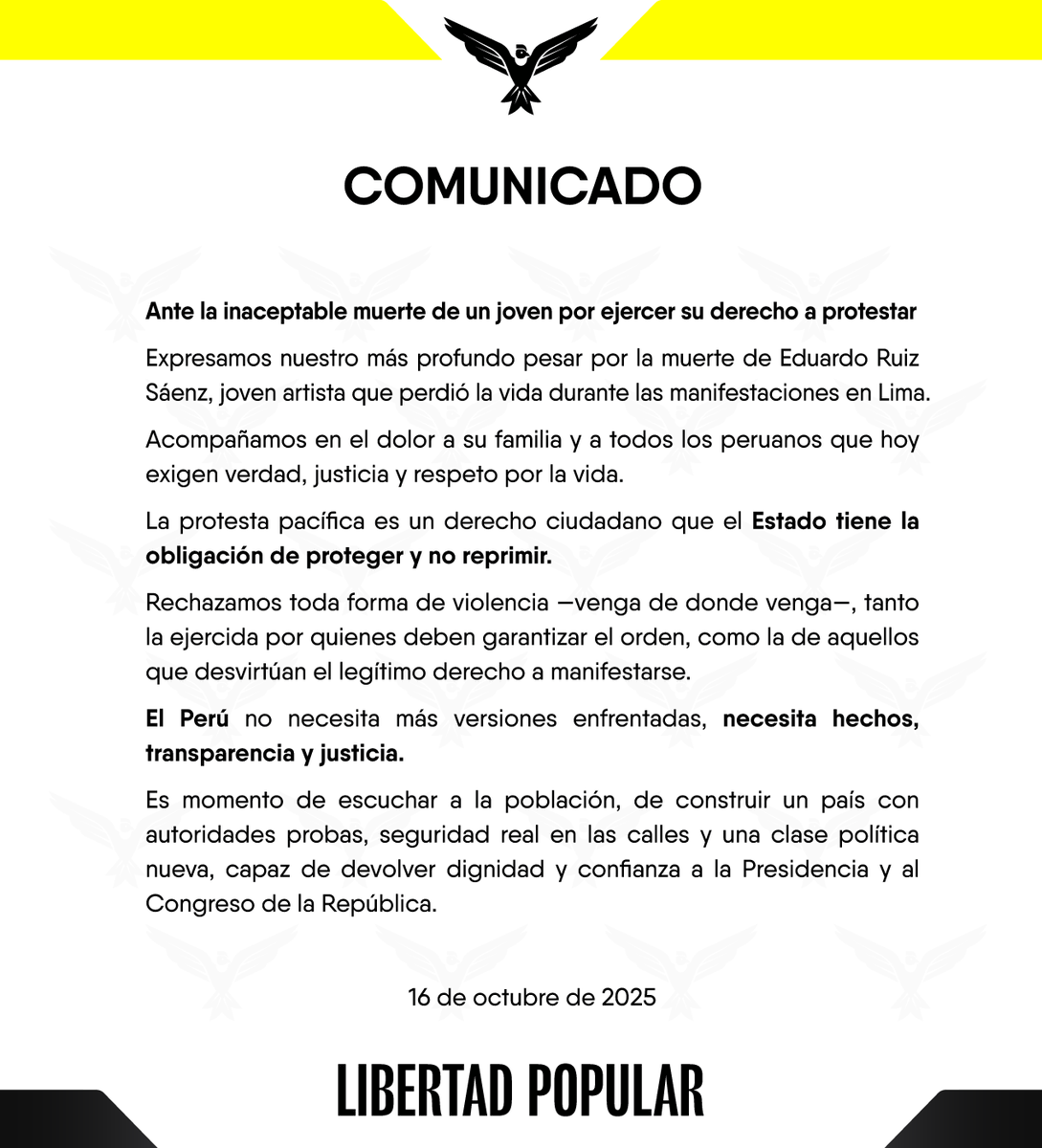 Ante la inaceptable muerte de un joven que ejercía su derecho a protestar, exigimos verdad, justicia y respeto por la vida.
El Estado debe proteger, no reprimir.
El Perú no necesita más enfrentamientos, necesita transparencia y justicia.
#LibertadPopular