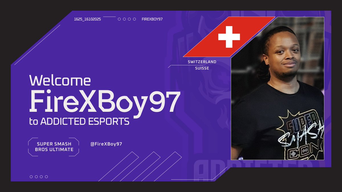 🔥 Announcement 🔥

We’re proud to welcome FireXBoy97 to Addicted Esports!
He’ll be representing us in Switzerland and across neighboring countries at upcoming Super Smash Bros. tournaments.
We’re excited to work with him and can’t wait to see what he brings to the stage! 💥