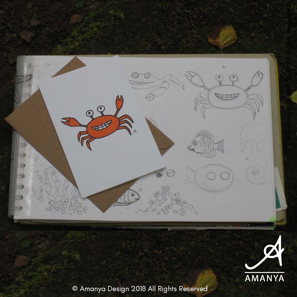 AmanyaDesign's tweet photo. Mr Crabby started out as a sketch - with 3 legs before someone pointed out he needed to have 4! Good job print on demand meant I could quickly change it 🦀
https://t.co/km4ka3T3W8 https://t.co/FNSjTa9VcS