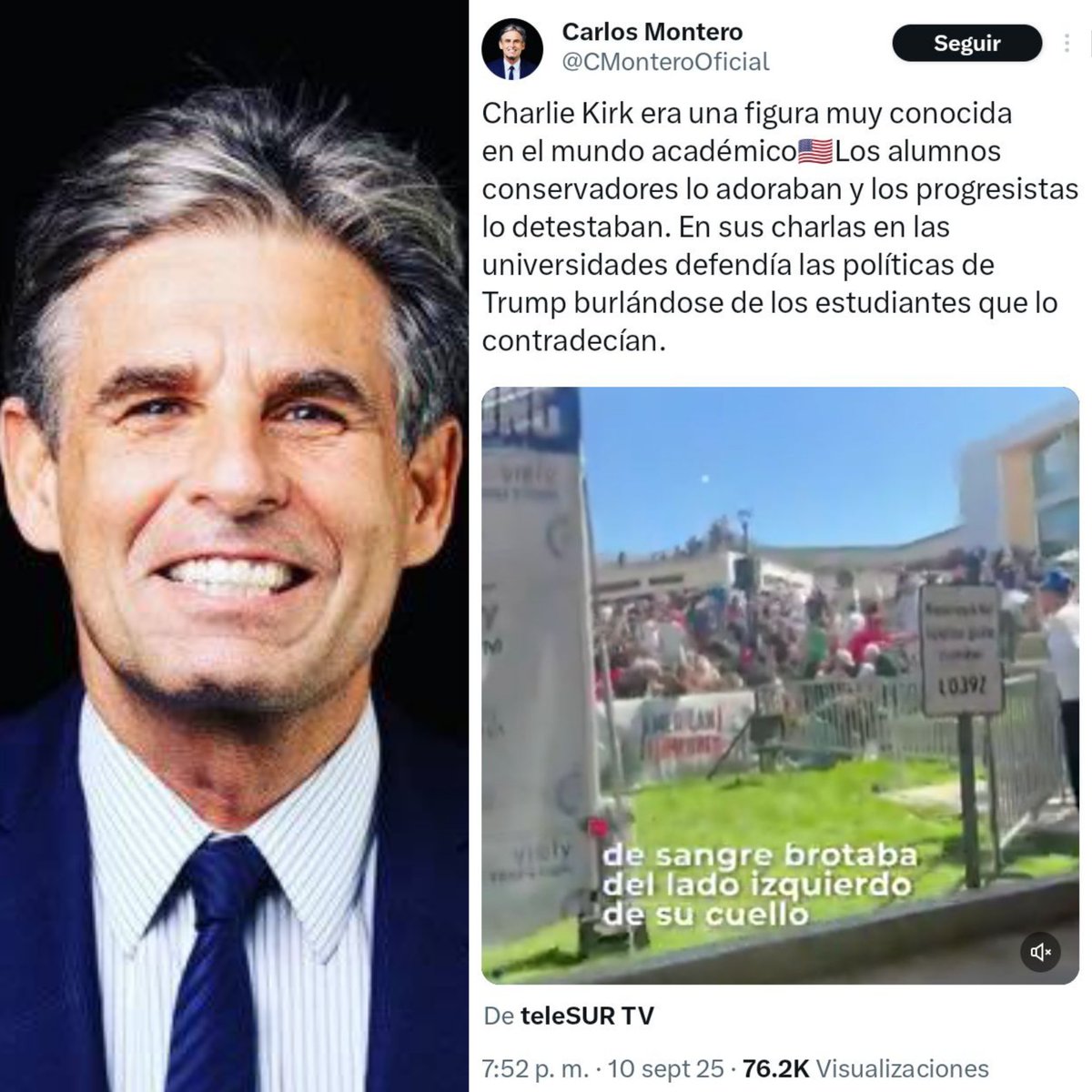 En este mensaje el día del asesinato de Charlie Kirk, el Carlos Montero -<a href="/CMonteroOficial/">Carlos Montero</a>,  aprueba semejante barbarie diciendo que los "progresistas lo detestaban" porque Charlie, según el palangrista, se burlaba de los estudiantes que "lo contradecían". Su publicación es una