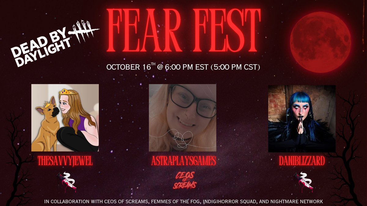 TONIGHT @ 6PM (EST), I will be participating in Fear Fest, hosted by <a href="/FemmesoftheFog/">Femmes of the Fog</a>  <a href="/CEOsOfScreams/">CEOs of Screams</a> <a href="/IndigiHorror/">IndigiHorror Squad 🎮🪶</a> &amp; <a href="/NghtMareNetWrk/">Nightmare Network Scream Team | 𝕨𝕒𝕜𝕖 𝕦𝕡</a> ! We will be playing DbD with the lovely <a href="/daniBlizz/">FAKE ACE MAIN DANI BLIZZARD😎</a> &amp; <a href="/astraplaysgames/">Astra {CEOs of Screams}(Womens Guild)|Pride Guild|</a> and I can't wait to see what a scary good time we have together! 🥰😱