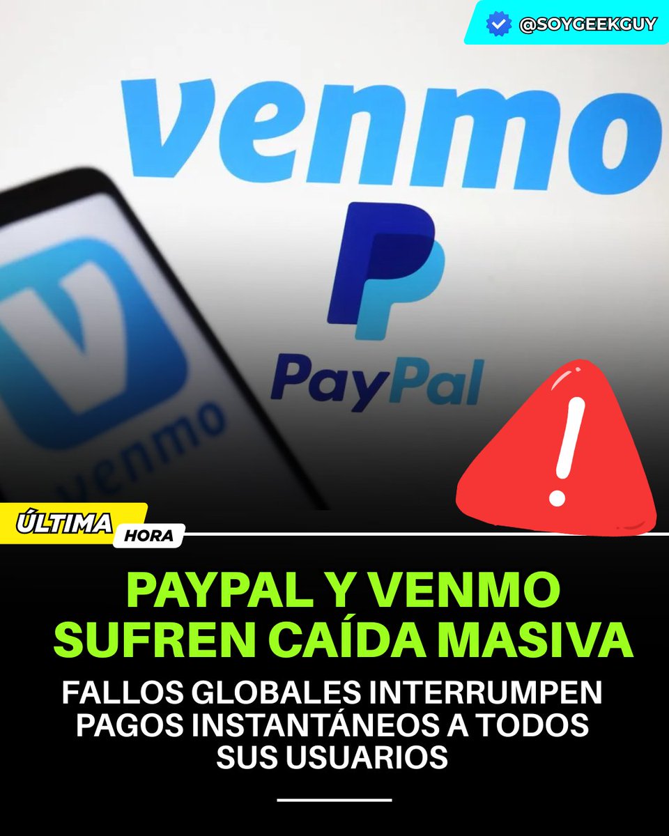 soygeekguy's tweet image. 🚨 URGENTE: Fallo masivo en PayPal y Venmo. Miles reportan problemas para ingresar, enviar o recibir dinero. Cuentas bloqueadas y transacciones fallidas. ¿Te afectó? Cuéntanos y comparte para alertar a otros. #PayPalDown #VenmoCaído #Outage #Fintech 💸