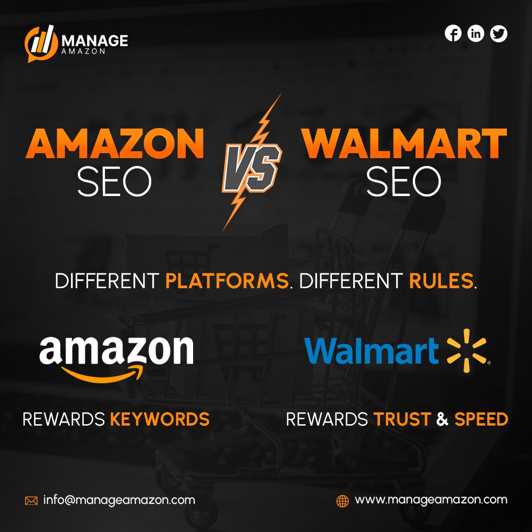 manageamazon's tweet image. Walmart SEO vs. Amazon SEO Same products, different rules. Amazon rewards keywords &amp;amp; conversions, Walmart values trust &amp;amp; speed. Optimize smart &amp;amp; win both markets with Manage Amazon  manageamazon.com 
#AmazonSEO #WalmartSEO #Amazonギフトカード #Walmart #Ecommerce