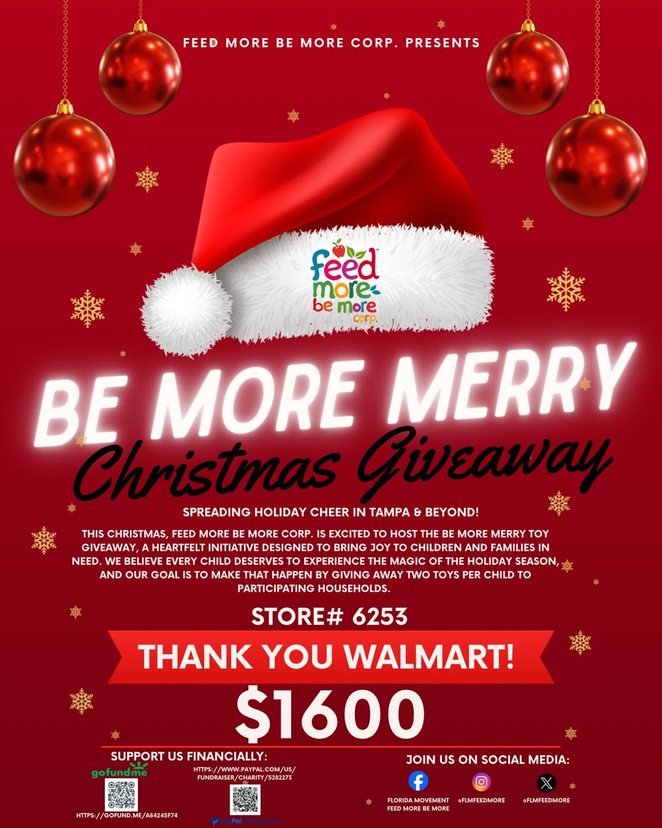 flmfeedmore's tweet image. @Walmart @WalmartOrg Huge thank you to Walmart Spark Organization for your $1,600 donation! 🎉 Your support helps us bring joy to children through our Be More Merry Toy Giveaway. Grateful for partners like you! ❤️ #FeedMoreBeMore #BeMoreMerry #WalmartSpark