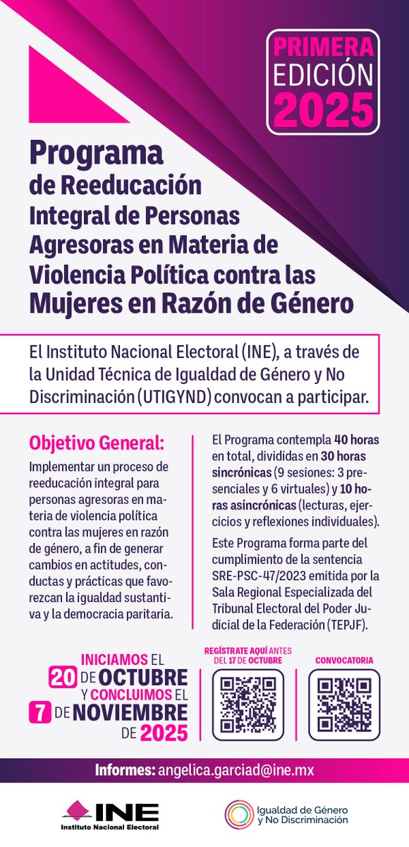 ieebcs's tweet image. ✅El @INEMexico convoca a participar en la primera edición del Programa de Reeducación Integral para personas agresoras en materia de #ViolenciaPolítica contra las mujeres.