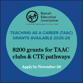 The Hawaii Education Association (HEA), in partnership with Pi Lambda Theta-Beta Zeta Hawaii Chapter, is offering $200 grants to Teaching As A Career (TAAC) Clubs or the CTE Education Pathways.

Apply: hawaiieducationassociation.org/programs/taac/

 #hawaiiteachers #hawaiischools #scholarships #grants