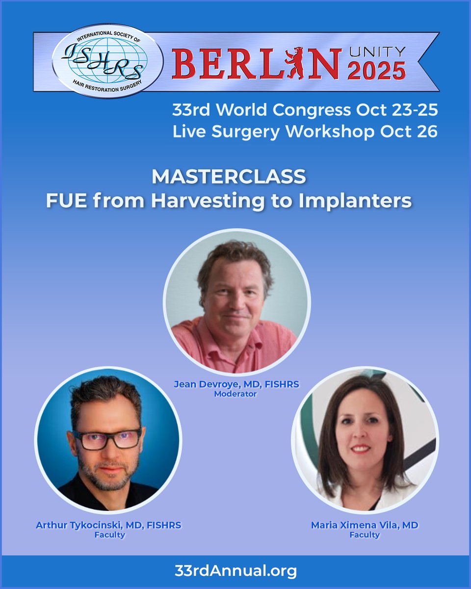 We’re sharing another Masterclass: “FUE From Harvesting to Implanters” at the upcoming ISHRS 33rd World Congress!

📍 Only 1 week away!
💻 Recorded meeting available Nov 18, 2025 – Feb 18, 2026

🔎 See all Masterclasses, the Final Program and/or register: 33rdannual.org