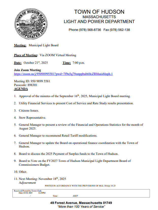 Hudson Light &amp; Power Board Meeting Agenda for  Tuesday, October 21, 2025, 7pm.