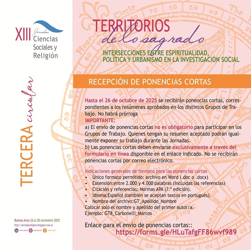 ceil_conicet's tweet image. 📣 ¡Ya está disponible la Tercera Circular de las XIII #JornadasReligión!
📑 Abierta la recepción de ponencias cortas: forms.gle/HLuTafgFF86wvf…
📷 Convocatoria para muestra fotográfica y proyección de audiovisuales: gtvisuales@gmail.com
🔗 jornadasreligion.blogspot.com