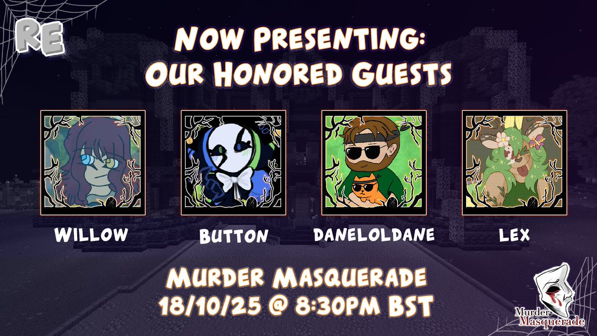 Introducing the second lot of guests for our wonderful Halloween Masquerade!

<a href="/WillowQuartzzz/">Willow 🌙</a>, <a href="/Buttoneye_/">Buttonpatch</a>, <a href="/daneloldane_/">daneloldane</a> and <a href="/lostallmeaning/">lex 🦌</a> 

Catch them in our murder mystery event this Saturday at 8:30pm BST!