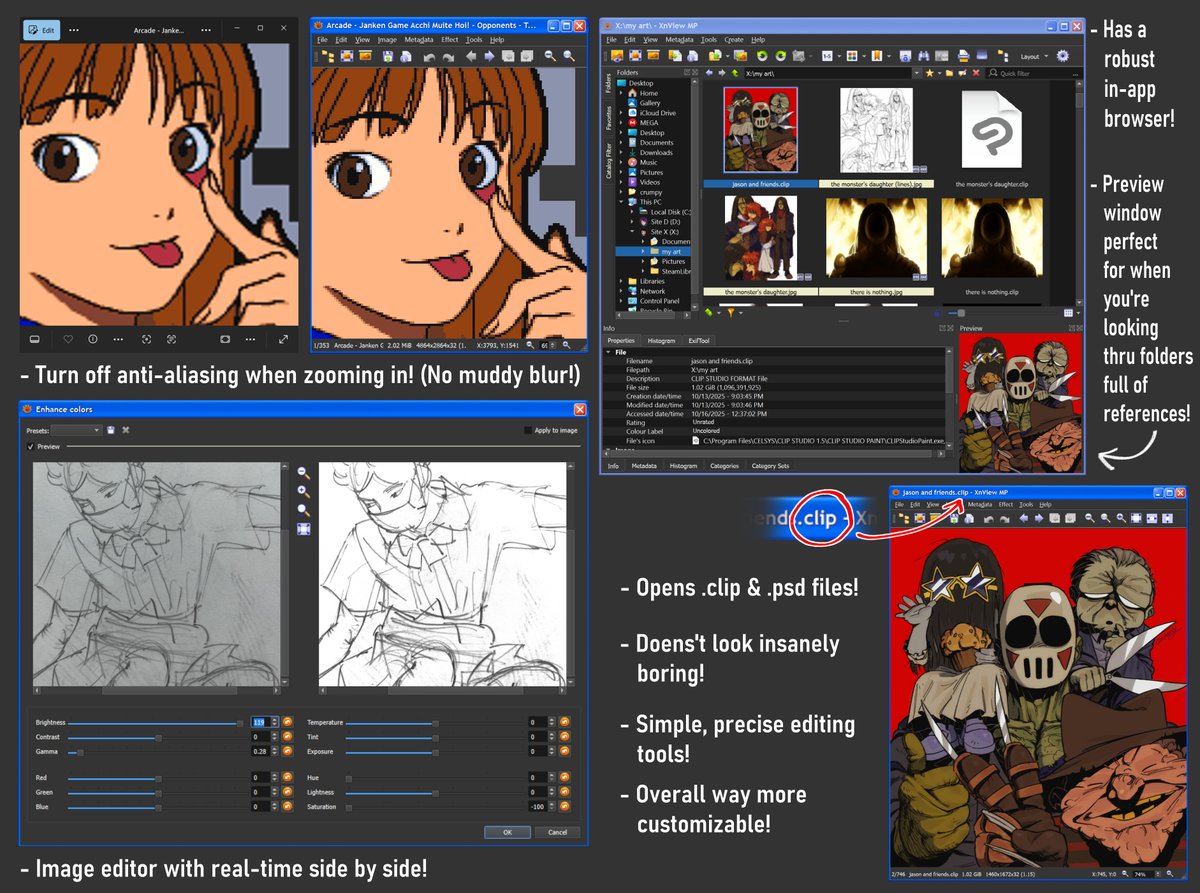 chronocrump's tweet image. quick psa i randomly felt like doing:
digital artists, replace your default photos program with XnView MP!
literally never had any use for the windows app, but i use this constantly. idk if they intended it, but this feels like the perfect image viewer for artists