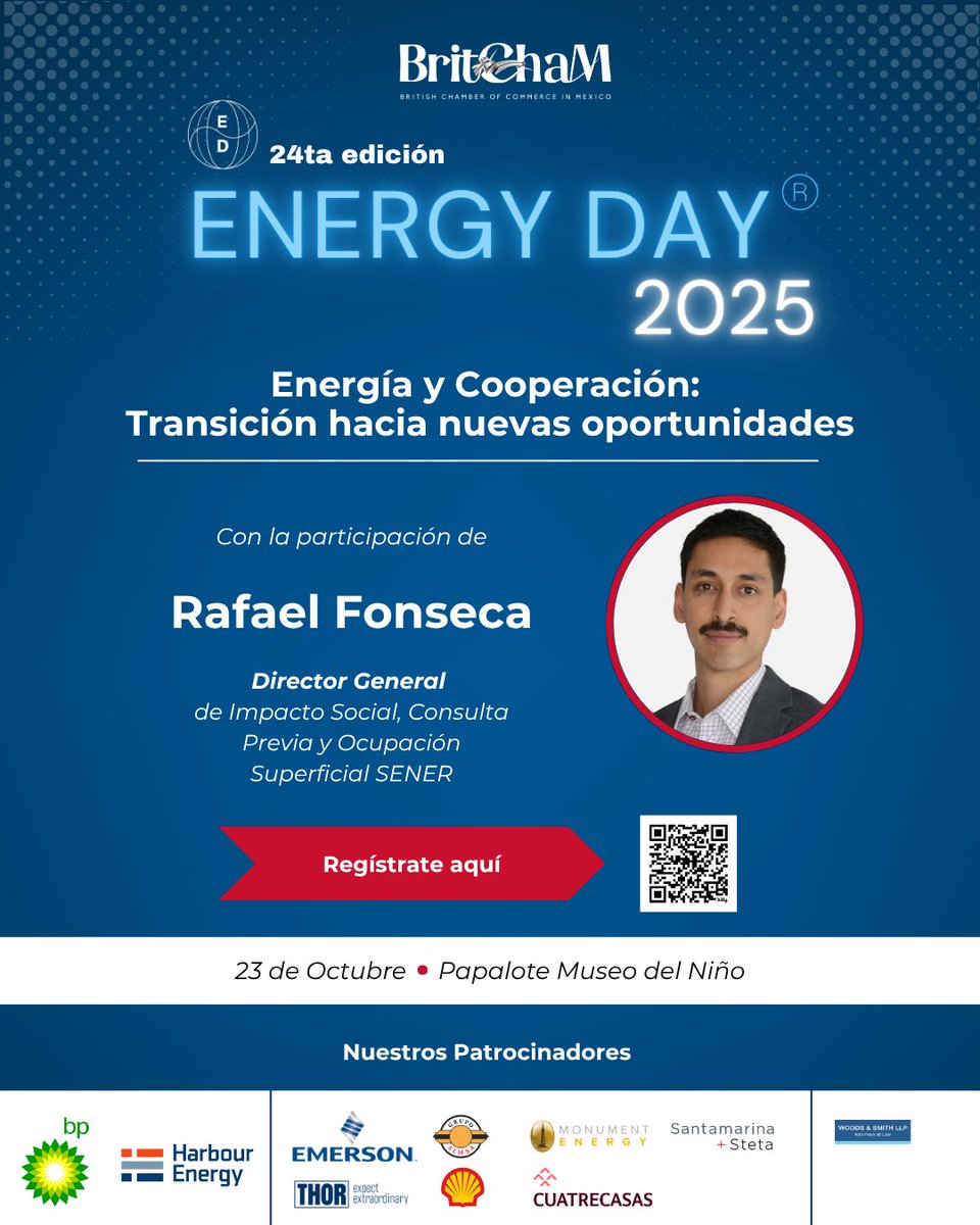Nos honra contar con líderes clave del sector público y regional en #EnergyDay2025 ⚡️

✅ <a href="/Paloma__PG/">Paloma Palacios González</a> 

✅ <a href="/CarlosAGB86/">Carlos Adrián García Basto</a> 

✅ <a href="/cmedinapg/">Carla Medina</a> 

✅ Rafael Fonseca

Su visión será clave para la transición energética en México.

📅 23 OCT | CDMX
👉 Regístrate: lnkd.in/ejZb_-C5
