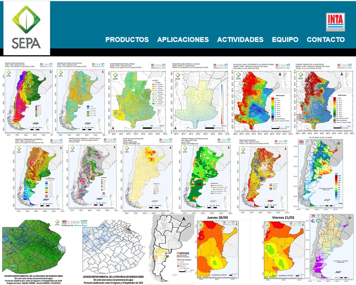 Índices de vegetación, mapas de contenido de agua en el suelo, eventos extremos, focos de calor, índices para producción animal, pronósticos climáticos y muchos productos más disponibles en la sección PRODUCTOS de la plataforma SEPA 👇👇👇(sepa.inta.gob.ar/productos).
