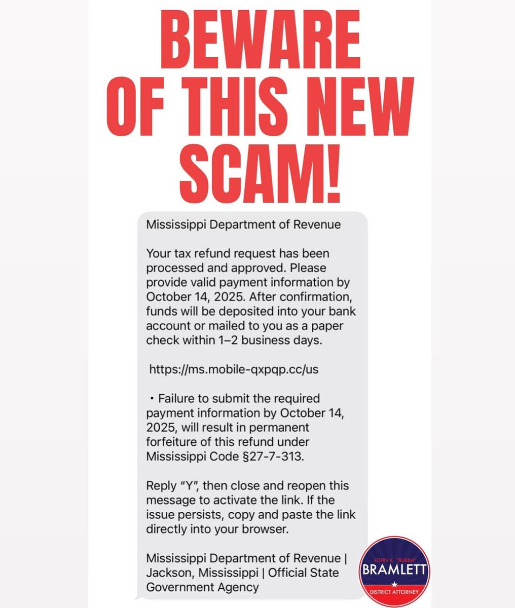 These messages are fraudulent — the Department of Revenue will never request personal or payment information via text.

If you receive one, do not click any links and delete it immediately. Stay alert and help protect yourself and others from these scams!