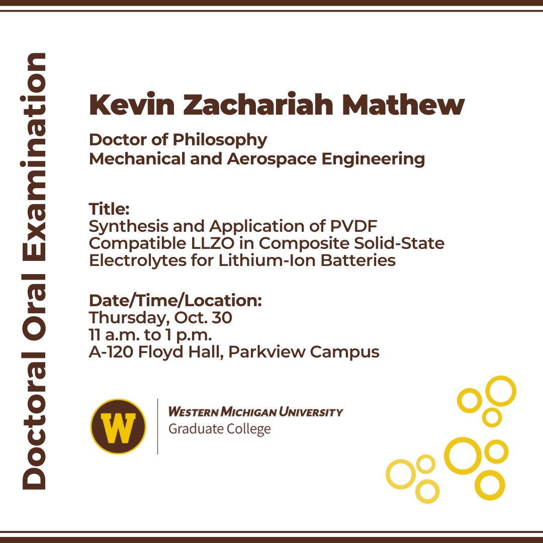 The Graduate College announces a doctoral oral examination:

Candidate: Kevin Zachariah Mathew
Department: Mechanical and Aerospace Engineering
Title: Synthesis and Application of PVDF Compatible LLZO in Composite Solid-State Electrolytes for Lithium-Ion Batteries