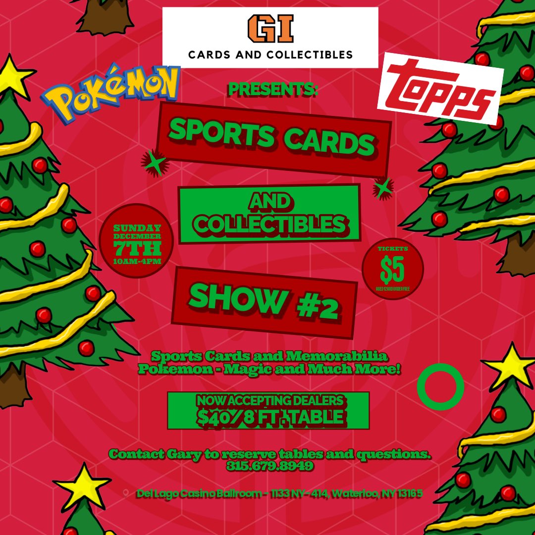 🚨SPORTS CARDS AND COLLECTIBLES SHOW 2🚨
                   🎄Sunday December 7th🎄

We are proud to officially announce our second card show! You asked and we listened, so it’s time to run it back! This is an ALL AGES show and we have increased tables for this one. If you are