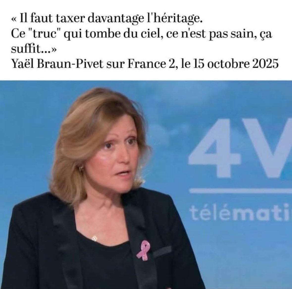 Non Mme <a href="/YaelBRAUNPIVET/">Yaël Braun-Pivet</a>« le truc ne tombe pas du ciel »c’est le fruit de labeurs de nos grands parents,de nos parents et la fierté de nous le transmettre.
Reprenez vous Mme ! et tâchez de maintenir l’ordre et le respect dans l’hémicycle que vous présidez ,vous avez de quoi faire!