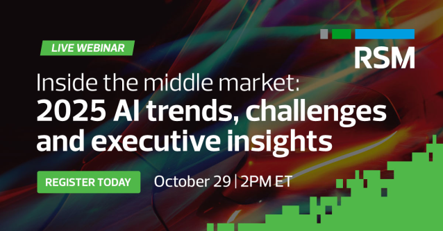 bsteppig's tweet photo. The middle market faces both opportunity and risk with AI. Learn how 900+ leaders are approaching readiness, strategy and adoption in RSM’s fireside chat featuring Cooley Group &amp; Tyler Technologies leaders. https://t.co/tg8I1tpywI https://t.co/Fx80maJqQ0