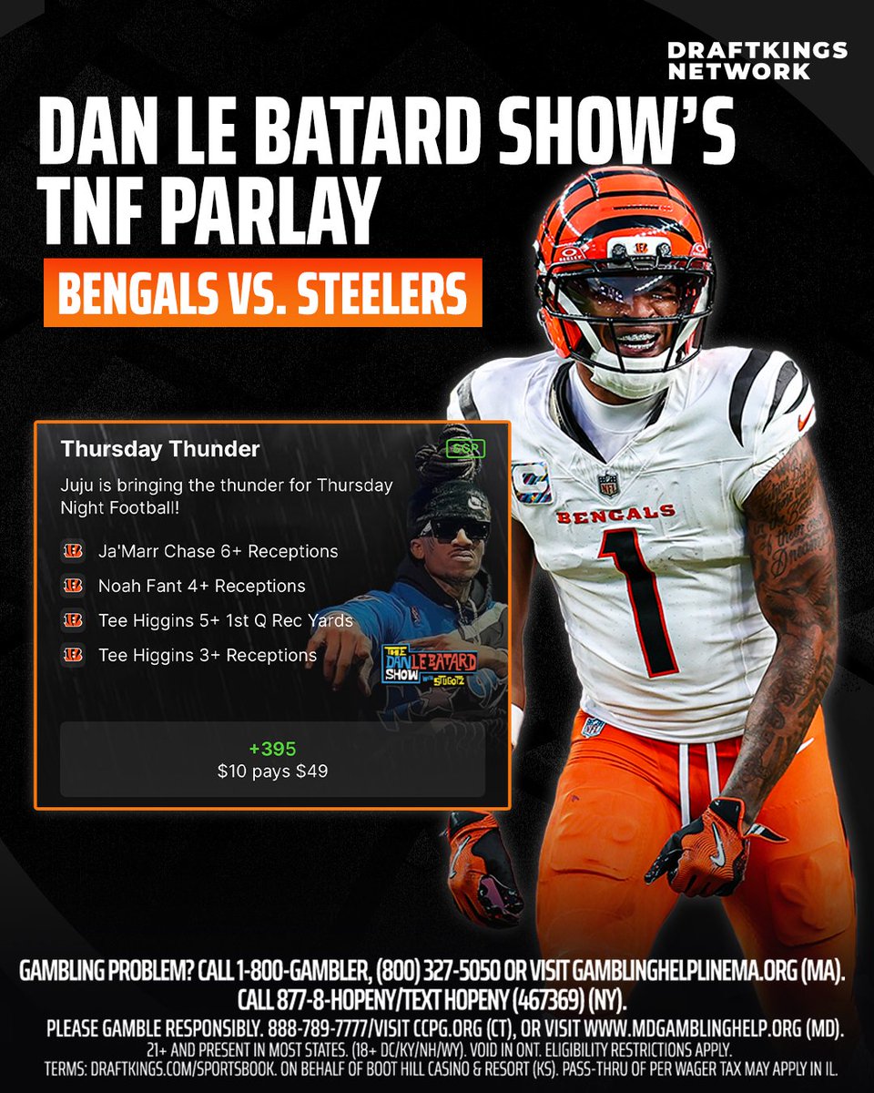 Tonight's SGP from <a href="/LeBatardShow/">Dan Le Batard Show with Stugotz</a>, and <a href="/JuJuGotti/">JuJu Gotti</a> is riding with Cincy's offense on <a href="/DKSportsbook/">DraftKings Sportsbook</a> 👀

🟠 Ja'Marr Chase 6+ Receptions
🟠 Noah Fant 4+ Receptions
🟠 Tee Higgins 5+ 1st Q Receiving Yards
🟠 Tee Higgins 3+ Receptions

Can Joe Flacco get it done with his new squad?