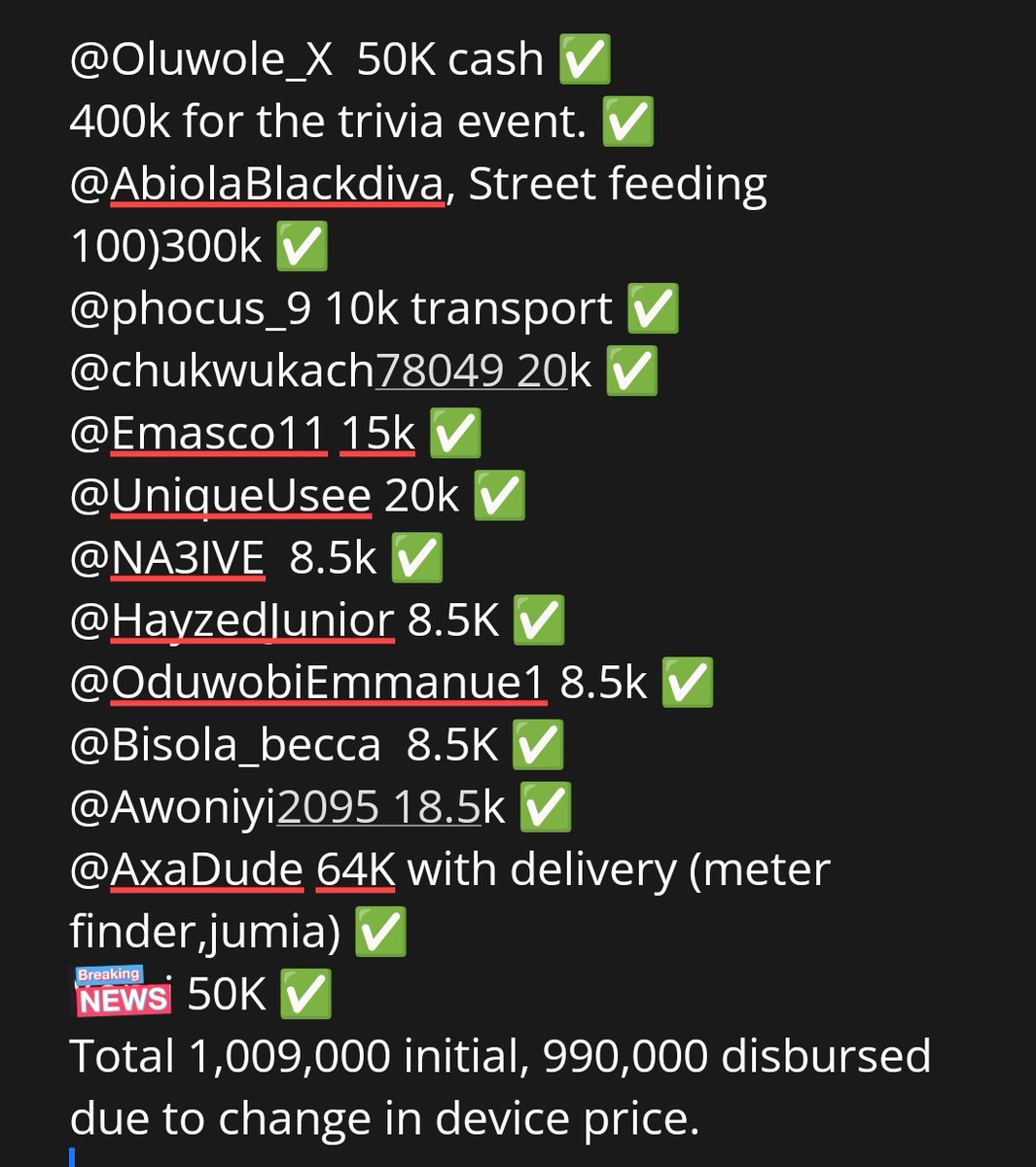 odesanmijamal_'s tweet image. All list clear and settled. 
990,000 disbursed instead of the initial total due to small change.
Thank you sir @gameintel9ja may God continue to bless you and continue to ease your affairs. 🙏❤️