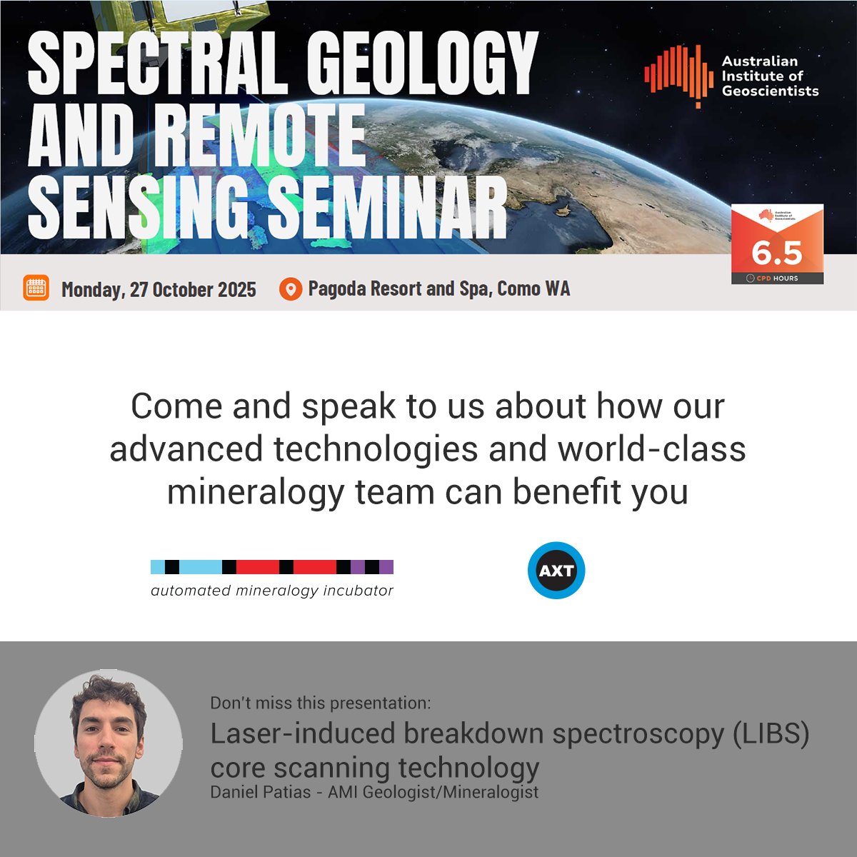 automineralogy's tweet image. Looking forward to catching up with the #geoscience community to talk all things #automatedmineralogy next week

Don&apos;t miss @DanielPatias talk on @elemission #ECORE high-speed #corescanning technology

Learn more about how we can assist you 👉 www2.axt.com.au/ami

#LIBS #TIMA
