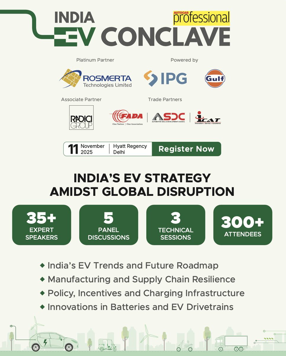 They’re not just talking about the future — they’re building it. ⚡

Get the chance to meet the industry leaders redefining India’s EV strategy amidst global disruptions at the #IndiaEVConclave 2025.

🗓️ November 11 | Hyatt Regency Delhi
🖇️ Register Now - bit.ly/476eXJL