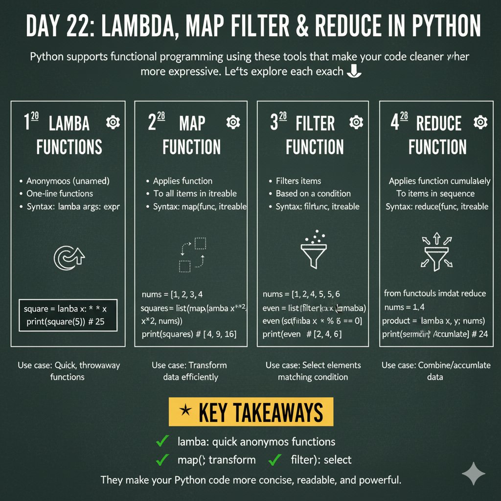 NivasChintu1's tweet image. Day 22 — Lambda, Map, Filter & Reduce in Python
Python supports functional programming using these tools that make your code cleaner and more expressive.
Let’s explore each 👇Day 22 — Lambda, Map, Filter & Reduce
#Python #LearnPython #100DaysOfCode #Programming