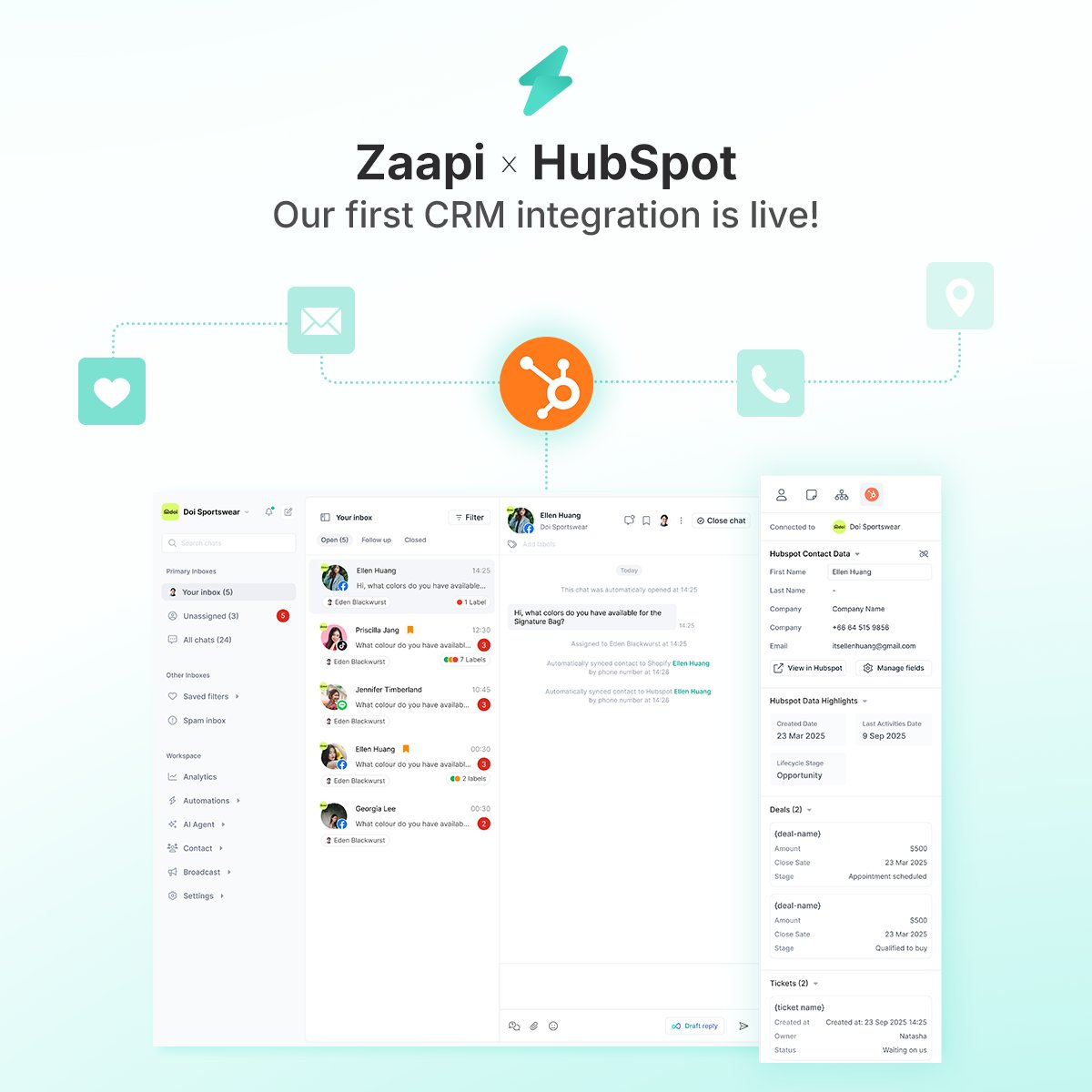 Zaapi_Official's tweet image. 🔗 Zaapi x HubSpot
Our first CRM integration is live!

Sync customer data, link chats, and let AI resolve queries - all without leaving Zaapi.
No more tab switching. Just faster, smarter conversations.

👉 See it in action: bit.ly/48Gvw05 

#Zaapi #HubSpot #CRM #SaaS
