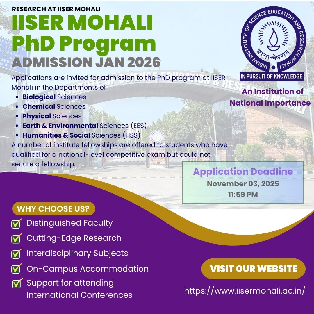 Applications are open for the IISER Mohali PhD program till November 03, 2025. Interested candidates may apply: iisermohali.ac.in/admission-news… 
<a href="/IiserMohali/">IISER Mohali</a> <a href="/DBS_IISERM/">Dept. of Biological Sciences (DBS), IISER Mohali</a> <a href="/pdfiisermohali/">Biology-PDF IISERM</a>