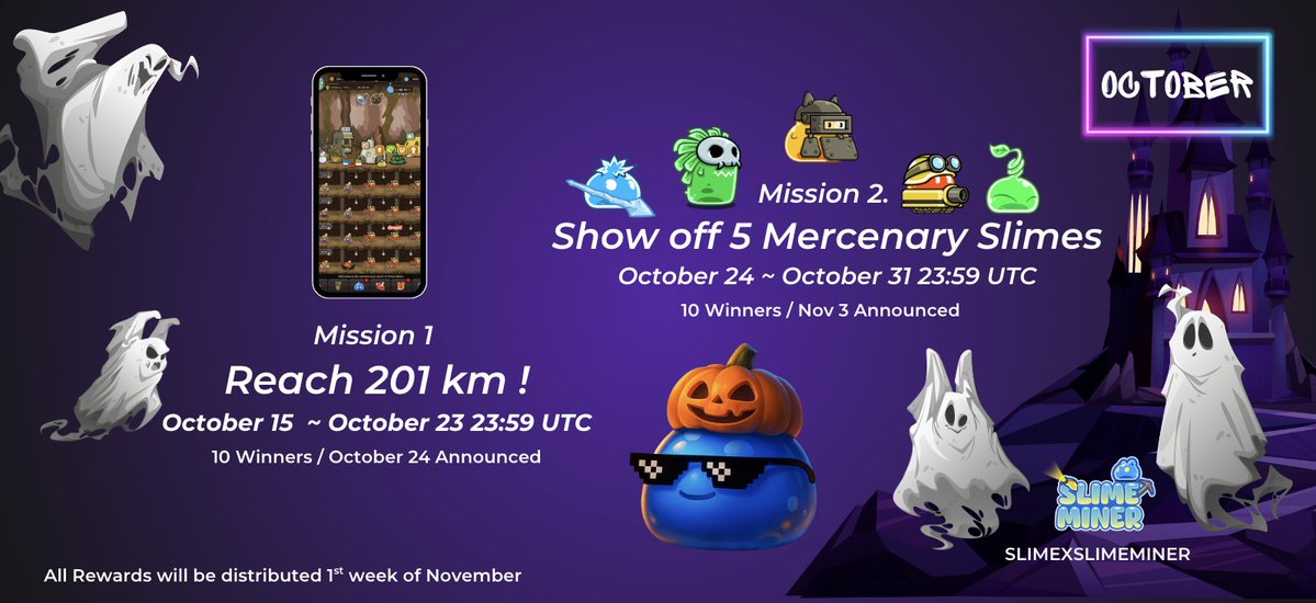 Slime_Miner's tweet image. 🎉 SLIMEX Slime Miner Festival 2025 (Oct–Dec)

Trick or Treat? 2nd Event of SLIMEX Festival begins now!

 🎃 Follow @Slime_Miner
 🎃 Share your 5 Best mercenary slimes! &amp;amp; RT the event!
 🍬 10 Slimers - 2,500 COSMO rewards + mystery drops await every week!
 🗓 Oct 24 ~ Oct 31…