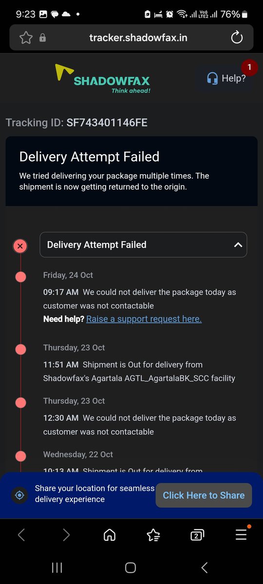 SujayataR's tweet photo. @flipkartsupport @Flipkart @shadowfax_in @DoC_GoI @ConsumerHelpBBR Now after these many days I got this status from the worst delivery service company @shadowfax_in People should know that this company does scam. Not responding to customers call &amp; sending back the shipment cause they have opened the franchise but don't have logistics. @Flipkart https://t.co/6cjyzueegN