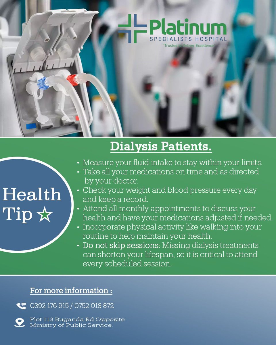 Your dialysis journey is unique and worth honoring.
Here are some tips to make it a bit easier.

Visit us at Plot 113 Along Buganda Road or call 039 2176915 / +256 752 018872 for inquiries.