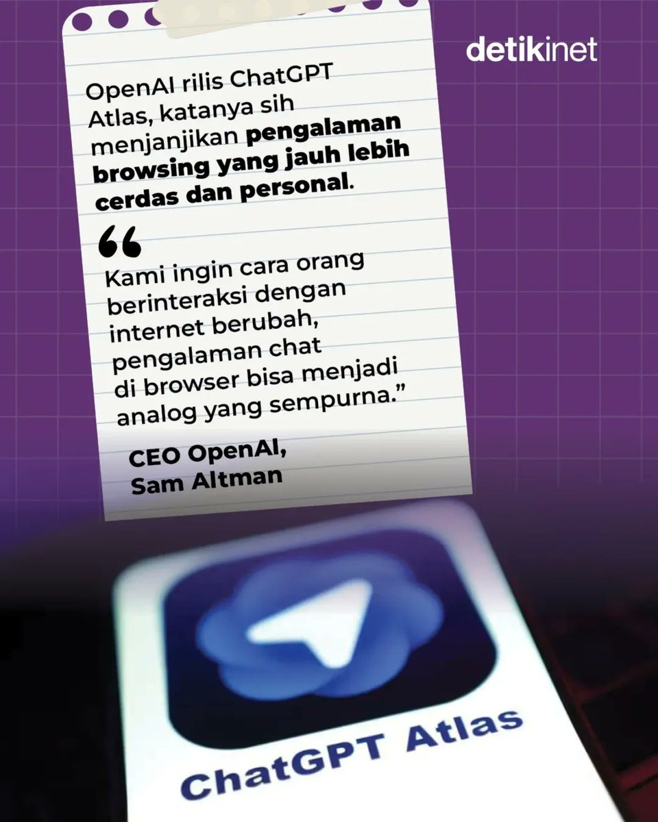 detikinet's tweet image. Kenalin nih ChatGPT Atlas, katanya sih bakal jadi penantang Google Chrome. 👀 Kira-kira, kamu bakal pindah ke ChatGPT Atlas atau tetap setia sama browser lamamu? Komen di bawah ya! 👇 #ChatGPT #ChatGPTAtlas #googlechrome