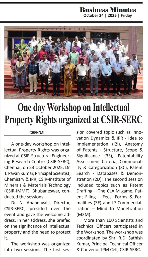 CSIR_NIScPR's tweet image. CSIR-SERC, Chennai, organized a one-day workshop on Intellectual Property Rights on 23 October 2025, bringing together over 100 scientists and technical officers to discuss innovation, patents, and IP commercialization.”
@DrJitendraSingh | @CSIR_IND | @GVRayasam | @PIB_India |…