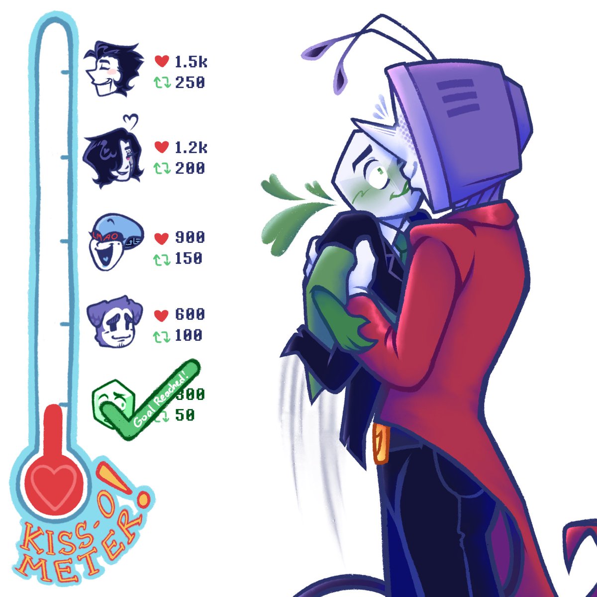 ChaoticSoph's tweet image. #Battenna kisses have been achieved!

As you can see I raised the goals to be proportionate to the success of the original post, I did NOT expect this much attention but THANK YOU!!!

Can we reach #Ramb with 600 likes and 100 reposts on this post?

#Deltarune #Tenna #RambTenna