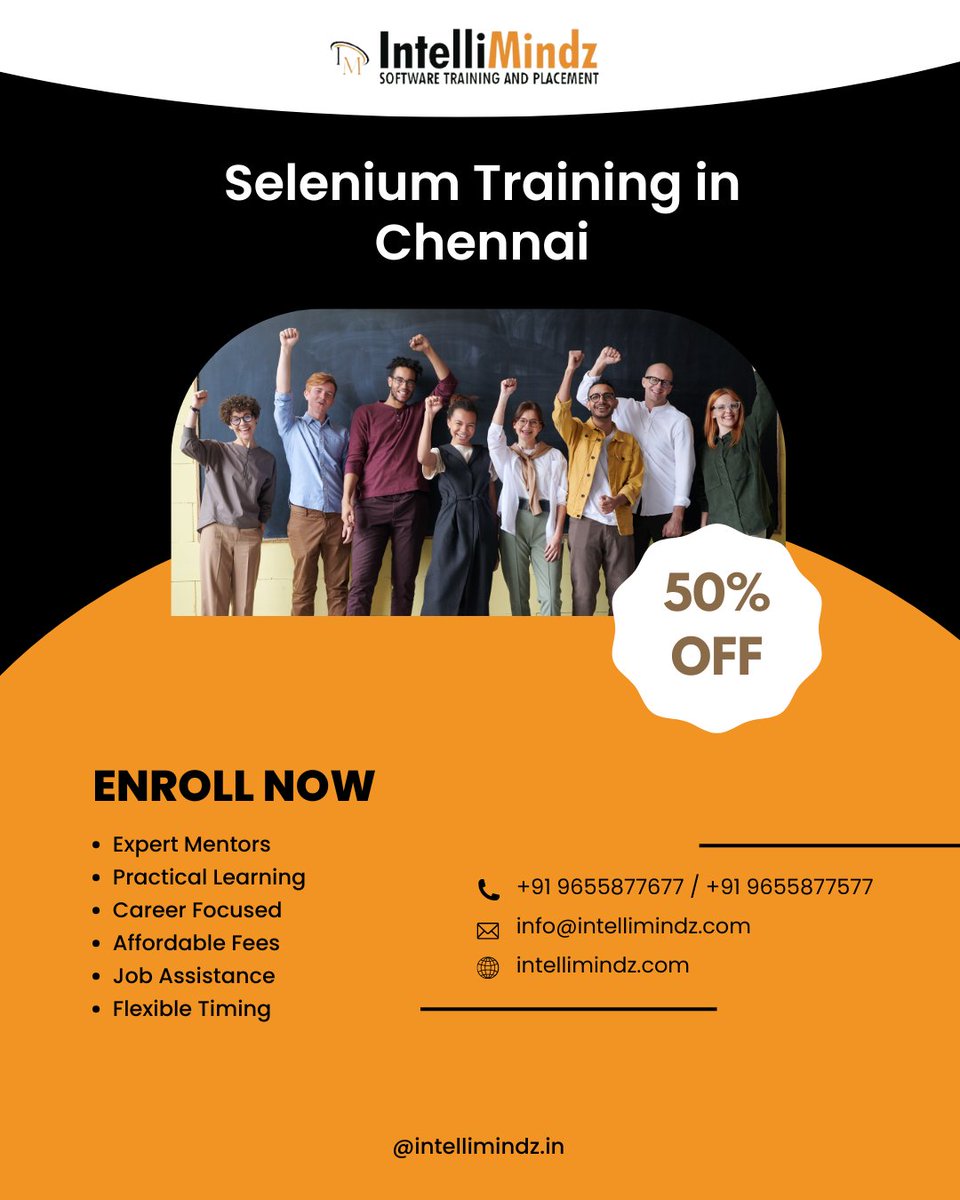 Zayn__27S's tweet image. 🚀 Become a Selenium Automation Expert!
Join Intellimindz Chennai for hands-on Selenium Training with WebDriver, TestNG, and real-time projects — now at 50% OFF!
📅 Limited seats — Enroll today 🔗rb.gy/kgwegp
#SeleniumTraining #AutomationTesting #SeleniumWithJava
