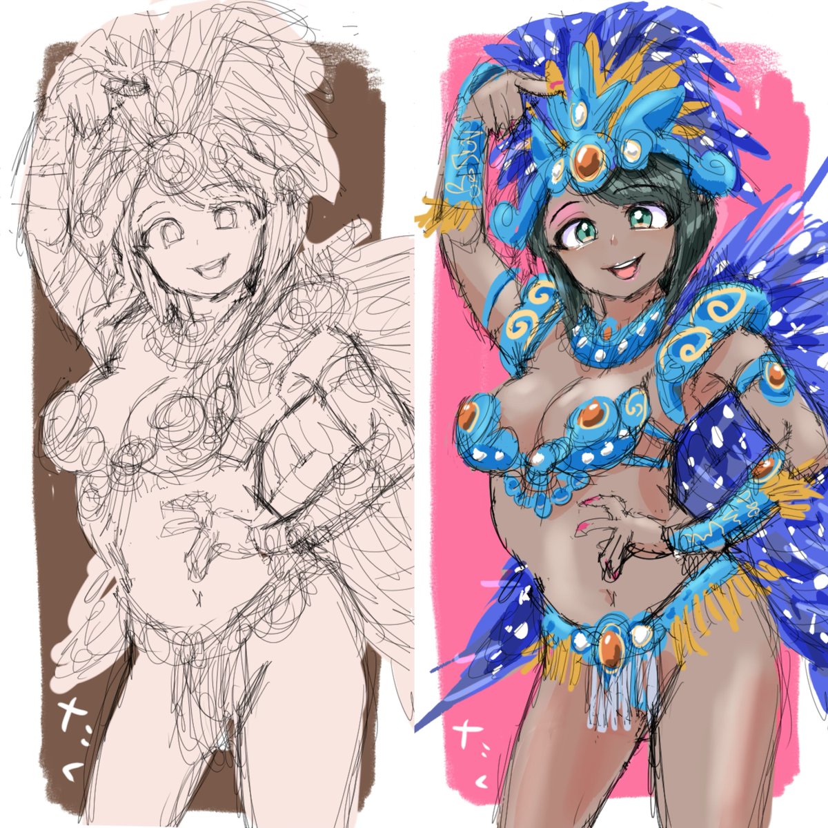 サンバガール55💃(ブラッシュアップ)
#このタグを見た人はラフ画とその完成絵を見せる 