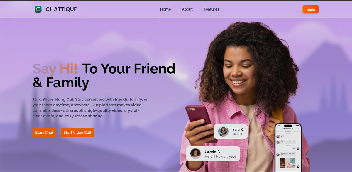 krushnaWebdev's tweet image. This is the landing page for my video conferencing app, Chattique.  
Does it look good, or should I make changes?  
Any suggestions for features or design improvements?
