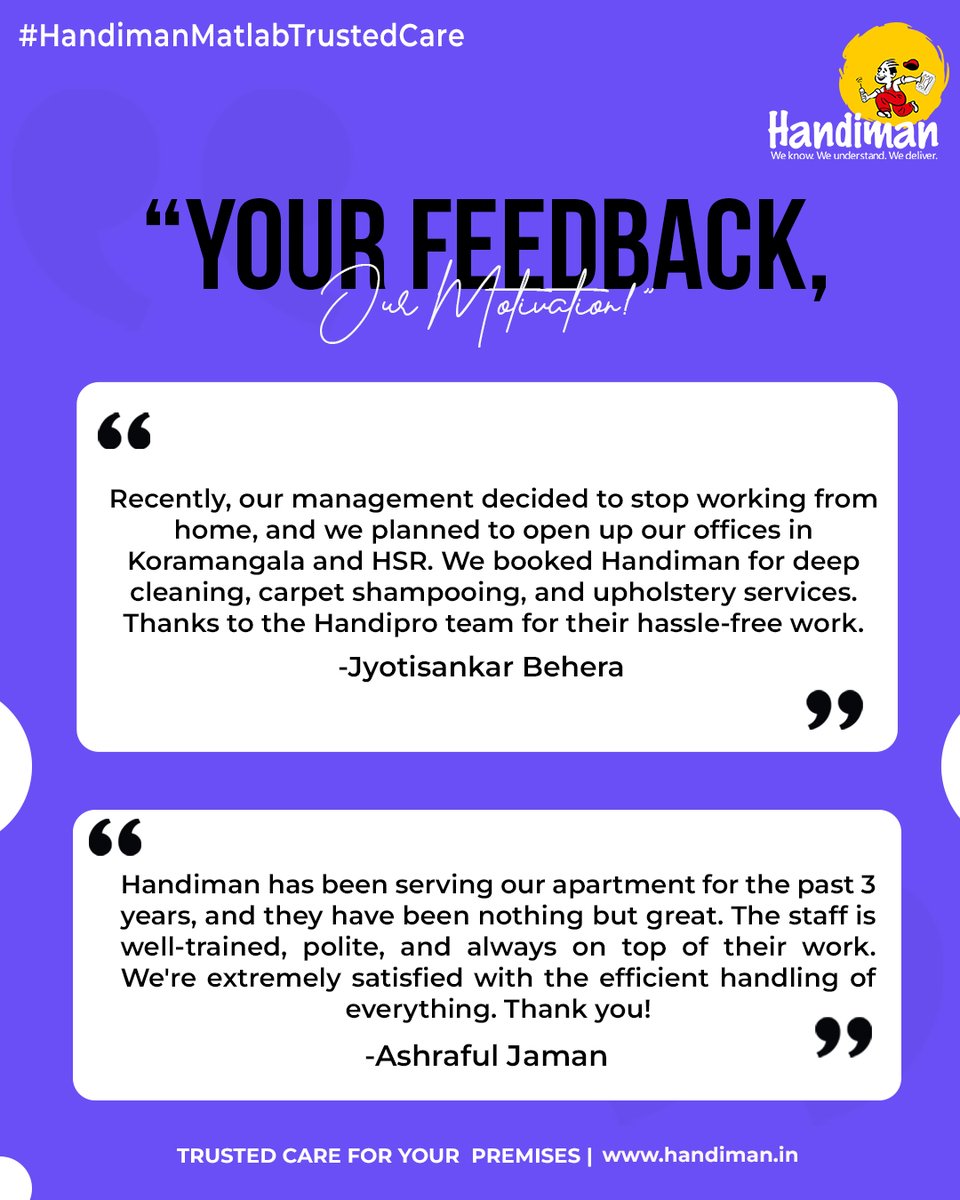 We are pleased to present our client's invaluable feedback here.
Such reviews constantly inspire us to add a little more care to our services.
Would you like to experience our professional service? Reach out to us.

#Testimonials #Client #Clients #Handiman #BestFacilityManagement