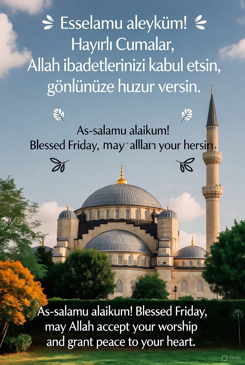 Esselamu aleyküm! Hayırlı Cumalar, kalbiniz nurla dolsun, dualarınız makbul olsun. 🤲  
As-salamu alaikum! Blessed Friday, may your heart be filled with light and your prayers accepted. 🤲