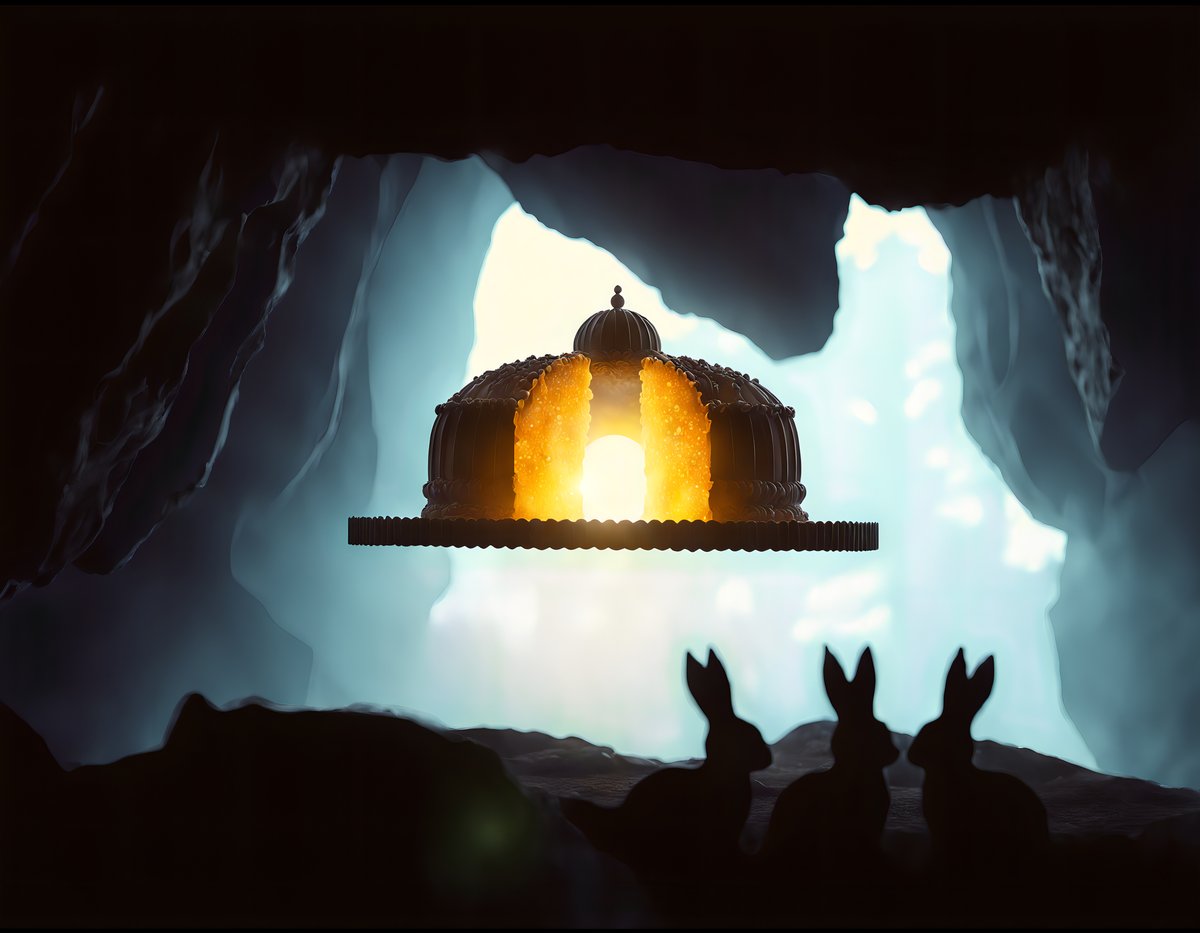 CakesOnSolana's tweet image. From the depths of a hidden cavern, a new creation emerges. This colossal cake floats with an ethereal glow, its molten core pulsing with light. In the foreground, three rabbits stand witness to this strange, beautiful artifact. What power does it hold? This is where baking meets…