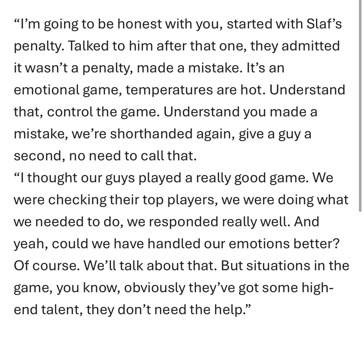 Asked Brendan Gallagher if he got an explanation for why Josh Anderson was penalized after Draisaitl's goal. Here's his response: