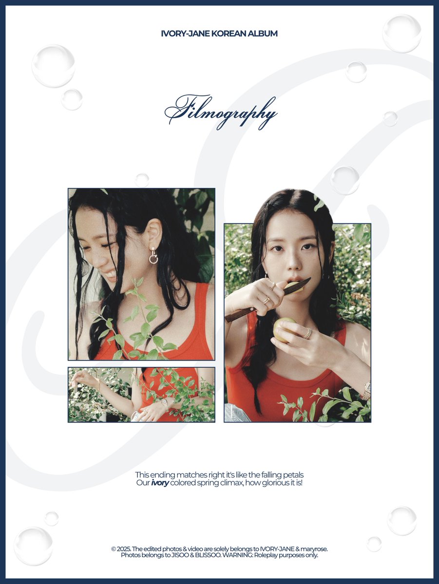 ᅠ

ᅠ  𝖨͟𝖵͟𝖮͟𝖱͟𝖸͟-𝖩͟𝖠͟𝖭͟𝖤͟ 𝖪͟𝗈͟𝗋͟𝖾͟𝖺͟𝗇͟ 𝖠͟𝗅͟𝖻͟𝗎͟𝗆
ᅠ  𝐟𝐢𝐥𝐦𝐨𝐠𝐫𝐚𝐩𝐡𝐲

ᅠ  Our ivory colored spring climax, 
ᅠ  how glorious it is!

ᅠ