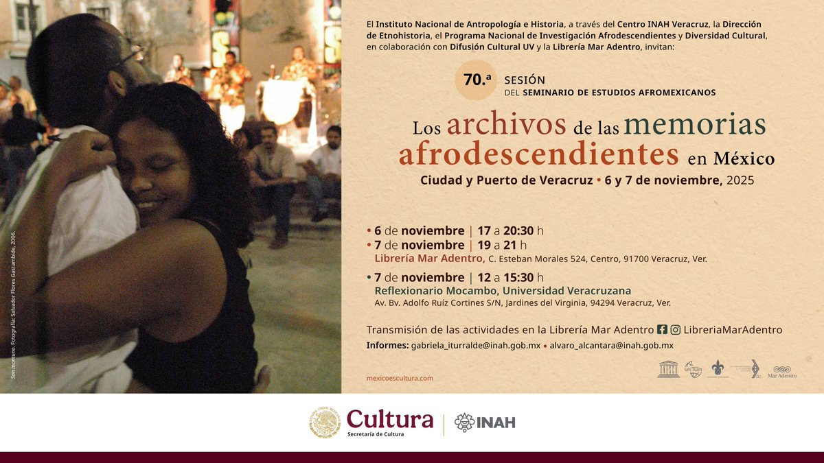 📢<a href="/afroinah/">Programa Nacional de Afrodescendientes</a> les invita a la 70a Sesión del Seminario de Estudios Afromexicanos "Los archivos de las memorias afrodescendientes en México"

🗓️6 y 7 de noviembre 2025
📍Librería Mar Adentro y Reflexionario Mocambo <a href="/UVeracruzanaMx/">Universidad Veracruzana</a>

<a href="/INAHmx/">INAH</a> <a href="/ENAHoficial_dif/">ENAH oficial</a> <a href="/afrodes_mx/">Afrodescendencias Mx</a> 
 <a href="/cultura_mx/">Secretaría de Cultura</a>