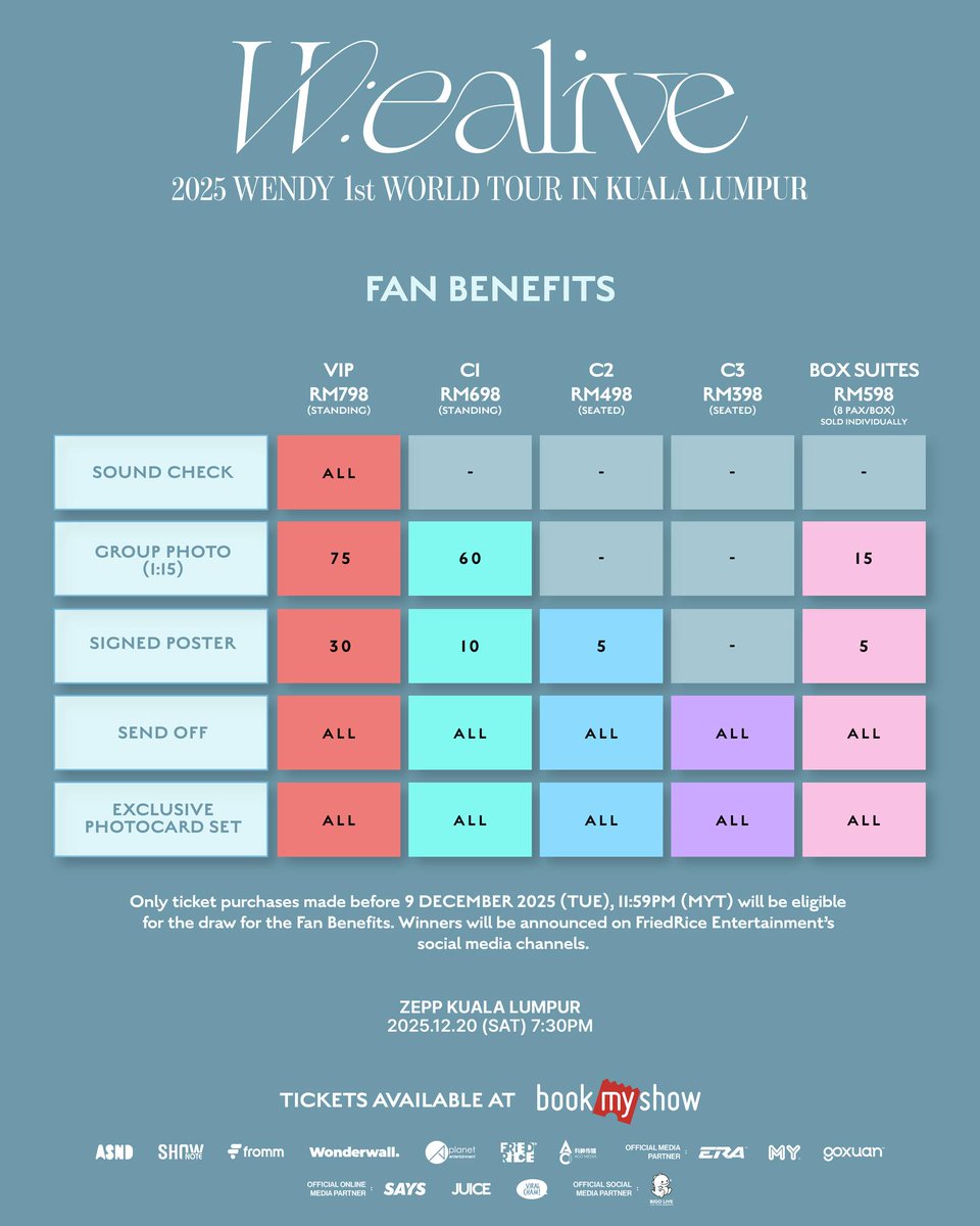 ‼️ Ticket Launch : 29 October,12pm onwards. ‼️
🎟️ : my.bookmyshow.com/e/WNDYKL25

2025 WENDY 1st WORLD TOUR <W:EALIVE> IN KUALA LUMPUR
📆 : 20 Dec (Saturday)
⏰ : 7:30PM
📍: Zepp KL

#BookMyShowMY #WENDY #웬디 #WEALIVE
#WENDY_WORLDTOUR #FriedRiceEnt #ACOMedia #APlanetent #KualaLumpur