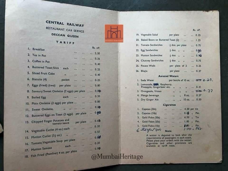 The old classic menu from the Pune-Mumbai Deccan Queen Dining Car (circa 1960s, I think). 

Some of the menu from the British era 1930s (when the train started).

The menu had not changed significantly in the late 1980s/early 90s, when I traveled quite a bit on this train. The
