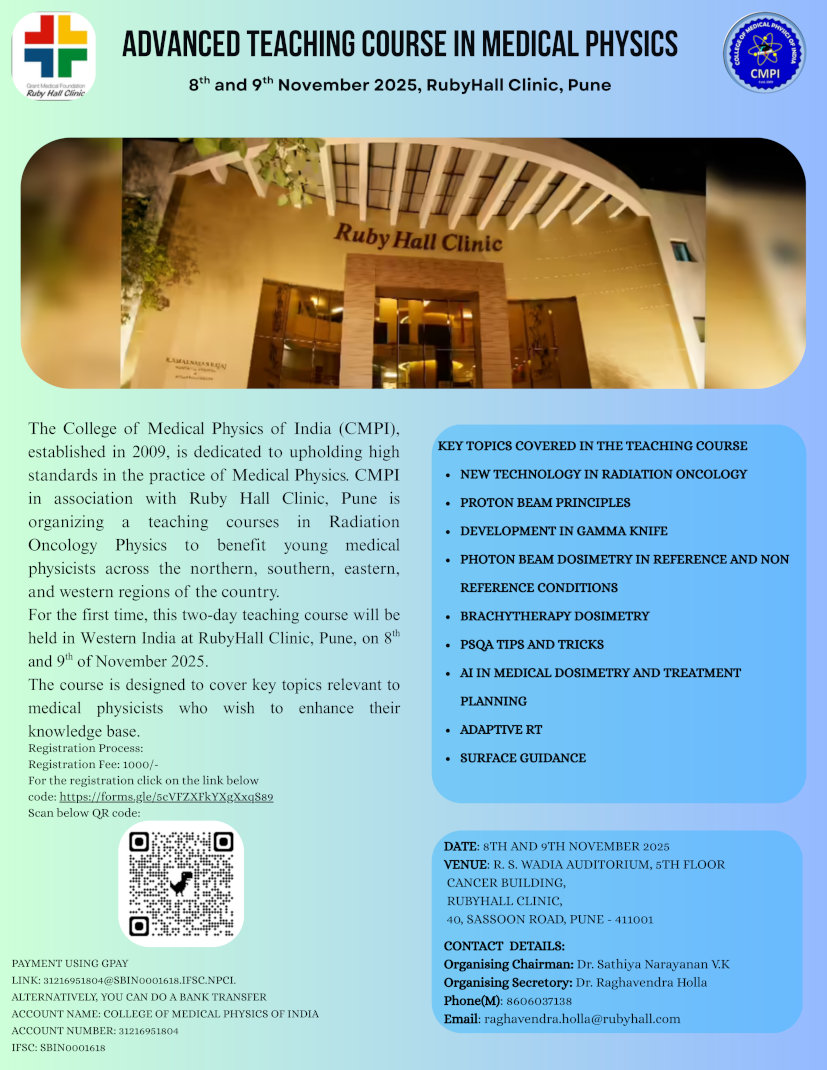 CMPI_HQ's tweet photo. Join Advanced Teaching Course in Medical Physics on November 8-9, 2025 at Ruby Hall Clinic, Pune
#medphys #Medical #Physics #Certificate #CMPI #India

https://t.co/aG30xpJ47j https://t.co/T9WKKHa0Ox