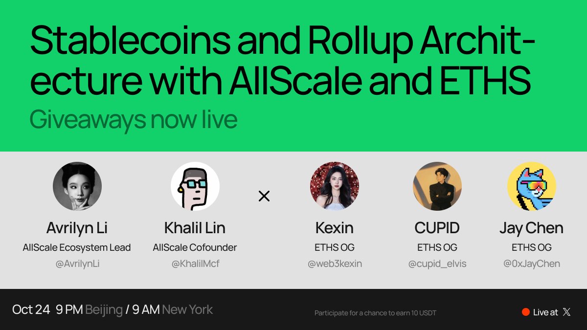 allscaleio's tweet image. AMA Alert 💡
We’re sitting down with the @eths_X team to explore how stablecoins and rollup architecture are reshaping Ethereum’s base layer — ensuring your assets stay liquid, secure, and permanent.

💬 Topics:
- How to keep your assets safe on-chain
- The role of stablecoins in…