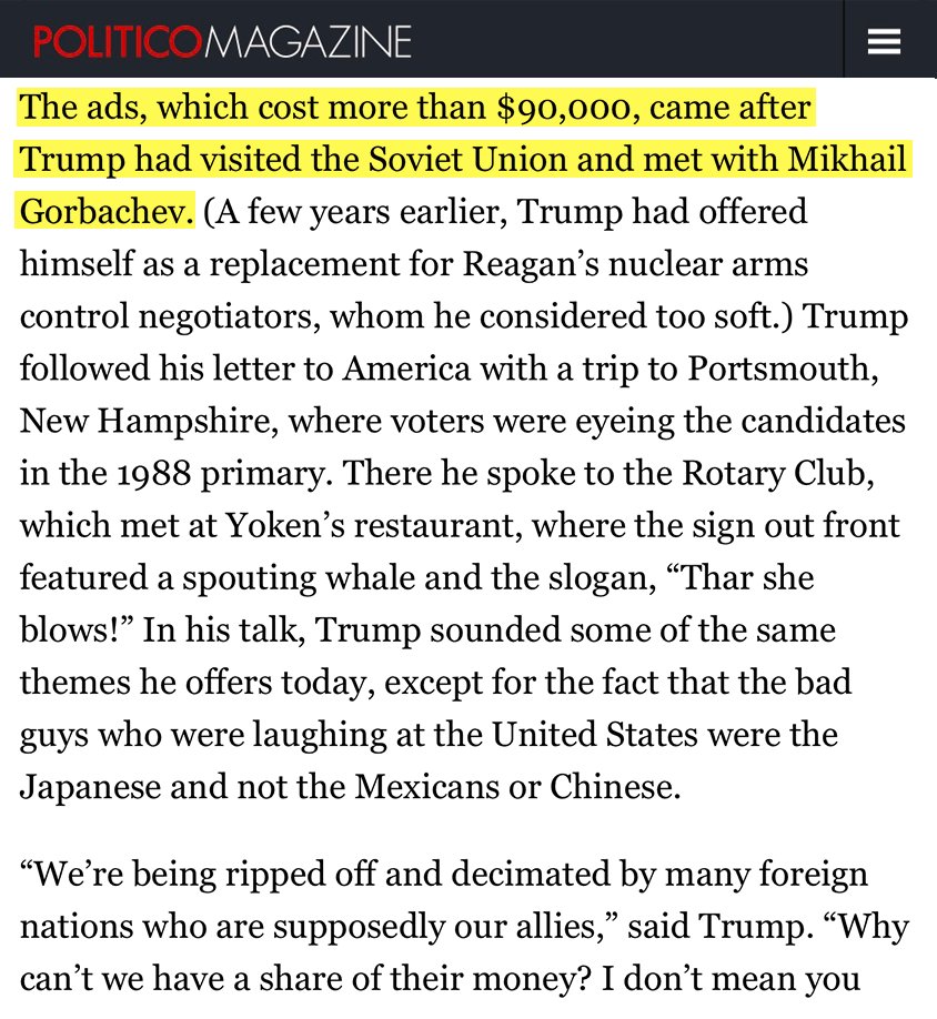 MaxFlugrath's tweet image. Trump calls everything he hates "FAKE."
And apparently, Trump hated Reagan. So much that after visiting the Soviet Union and meeting with Gorbachev, Trump launched an ad campaign against Reagan.
Trump’s been cozy with Russian leaders for a long, long time.